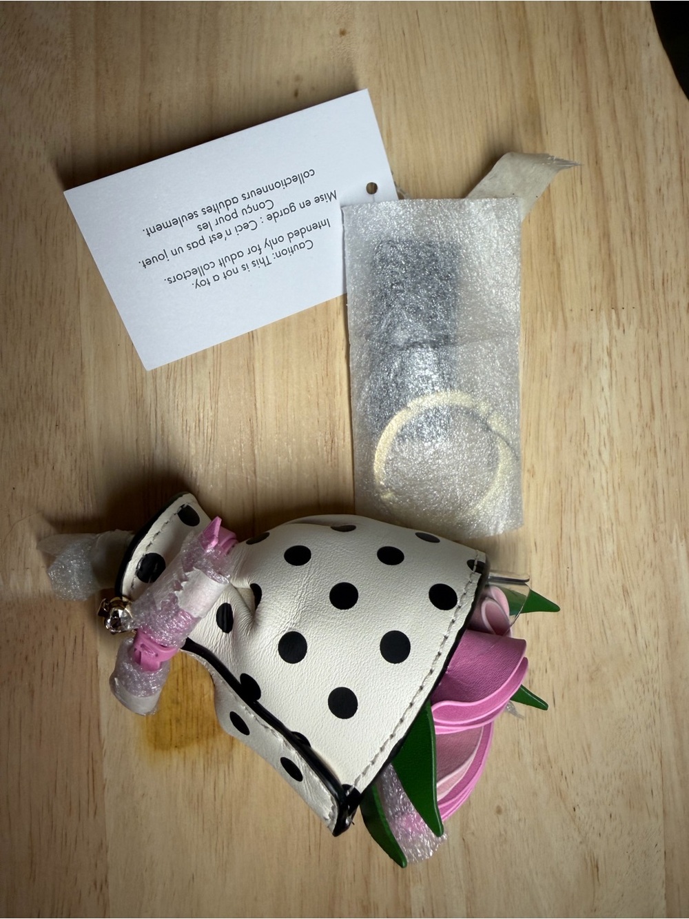 Kate spade Polka Dot Leather Flower Bag Charm Keychain with Pink Accents NWT